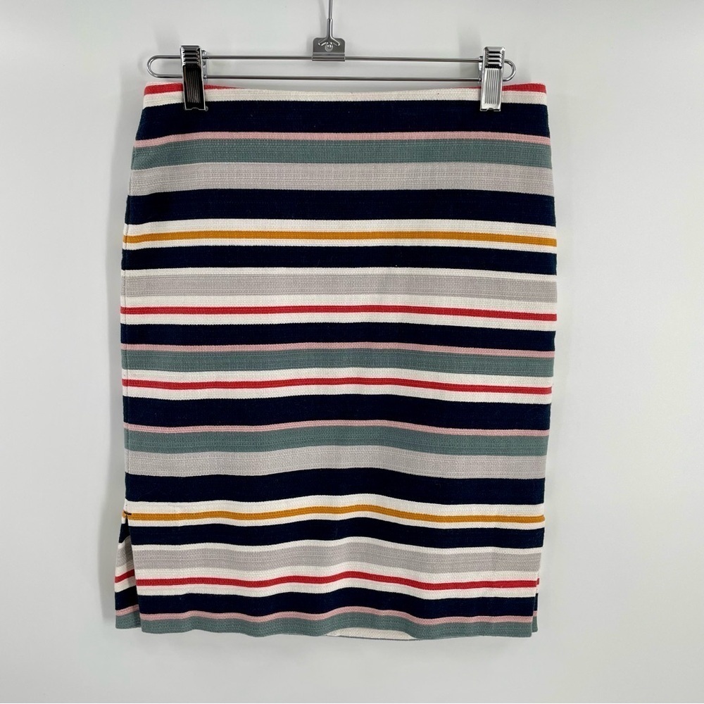 Loft Cotton Stretch Multicolor Striped Zip Back Side Slits Pencil Skirt Office